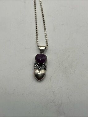 Sterling Silver Heart Pendant Necklace with natural reddish Purple Gem. Signed
